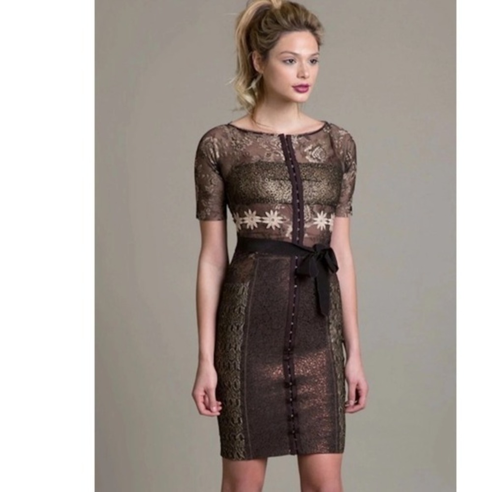 Beguile Byron‎ Lars Dress Size 12 Petite Marguerite Sheath Brown Gold Lace NWT